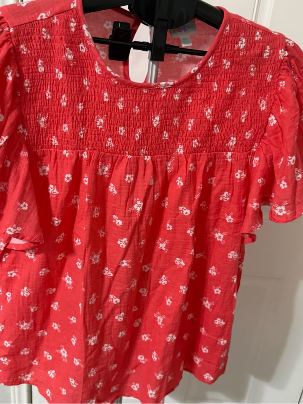 LuLaRoe Coral Red Floral Smocked Top